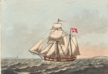 Een Deense Galiot, aan het Zien in de Luwte, met Zijwind