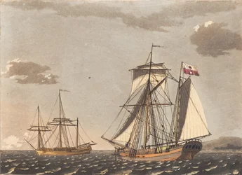 Een vrijloper schip voor anker en een Stettiner galei die wil ankeren