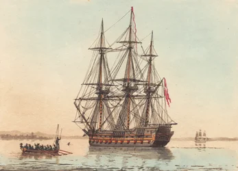 Een Deens oorlogsschip voor anker in de vroege ochtend