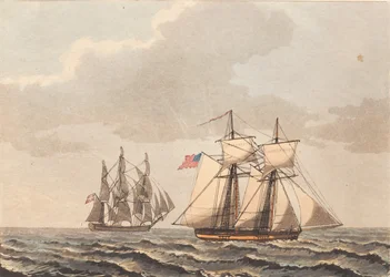 Een Deens schip en een Amerikaanse schoener met zijwind