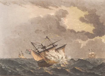 Een Engels schip getroffen door bliksem