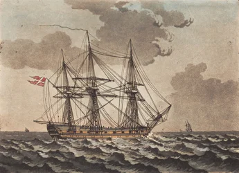 Een oorlogsschip voor anker in een storm