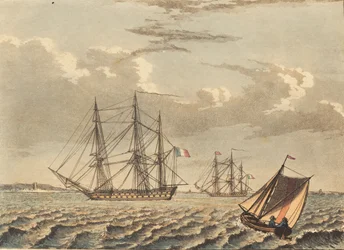 Franse Oorlogsschepen voor Anker, en een Boot die Kruist