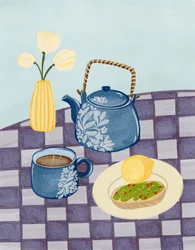 Blauwe theepot-ontbijt