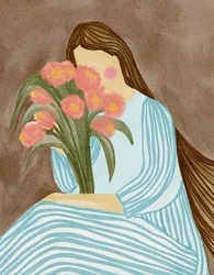 Verlegen vrouw met roze tulpen