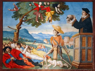 De dood gaat in actie met zijn zeis en mannen vallen als dode bladeren, preek van Memento Mori uit de Dodendanscyclus van Albrecht Kauw