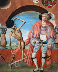 De dood bespot graaf, detail van De dood, hertog en graaf uit de Dodendanscyclus van Albrecht Kauw