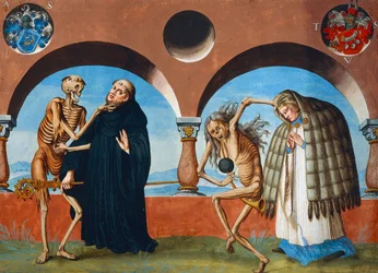 Dood, de Abt en de Kanunnik (de assistent van de Abt) uit de Dodendanscyclus door Albrecht Kauw
