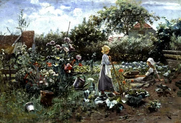 In de moestuin. Twee jonge meisjes praten in een moestuin. De een tuiniert en de ander plukt groenten. Schilderij van Nikola Mašić (1852-1902), particuliere collectie