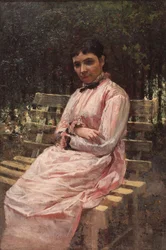 In een park. Portret van de vrouw van de kunstenaar