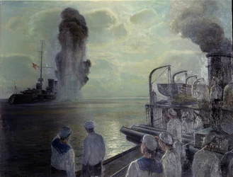 Russische Revolutie van 1917: de Russische Zwarte Zeevloot brengt op 18 juni 1918 haar eigen schepen tot zinken. Schilderij van Nikolai Evlampievich Bublikov (1871-1942)
