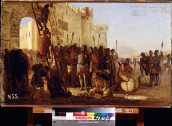 Prins Oleg laat zijn schild aan de poorten van Constantinopel bevestigen. (Igor van Kiev, Varjaagse prins van Kiev van 912 tot 945). Schilderij van Nikolai Kornilovich Bodarevsky (1850-1921)