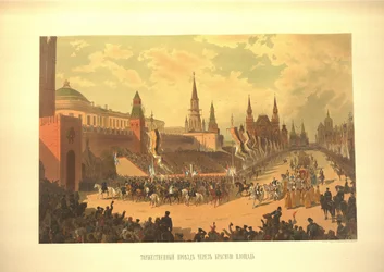 De ceremoniële intocht van Alexander III op het Rode Plein uit het Kroningsalbum, 1883