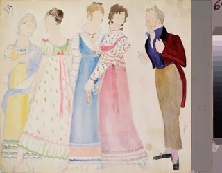 Kostuumontwerpen, een man en vier jonge vrouwen, voor de opera "Eugene Onegin" van Pjotr Tsjaikovski.