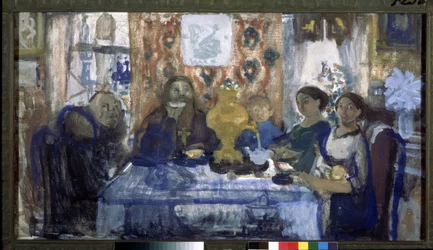 Thee drinken. Een familie rond een tafel met een samovar in het midden