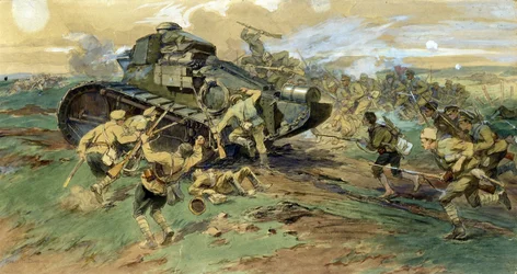 De verovering van een tank op de Krim. Slag tijdens de Russische burgeroorlog (1917-1923), tussen het Witte Leger en de Rode Garde