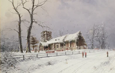 Winterscène met figuren op een pad bij een kerk