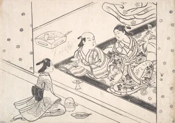 Dame speelt Shamisen, met haar minnaar en bediende in de buurt