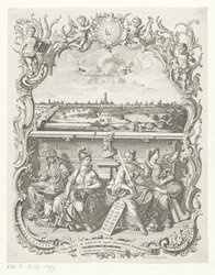 Gezicht op Utrecht en allegorie met Minerva en deugden
