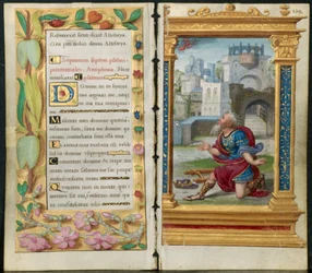 Aangrenzende bladen uit een getijdenboek: boetpsalmen en koning David in gebed (2 van 3 uitgesneden bladen)