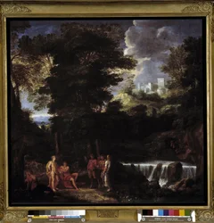 Marsyas speelt fluit voor Apollo en Midas De sater tart de god Apollo, koning van de lier voor Koning Midas en de Muzen