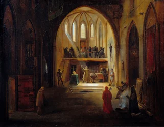 Galileo (1564-1642) voor het tribunaal van de inquisitie, schilderij door Joseph Clerian (1796-1842)