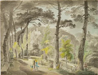 Promenade in de Hinterbruehl vallei, een zeer populair excursie- en vakantiegebied ten zuiden van Wenen (watercorlour)