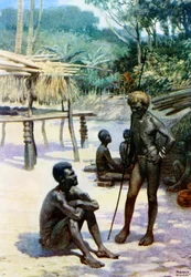 Een Yam-schuur en inboorlingen, Espiritu Santo, Nieuwe Hebriden, 1908