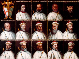 Wapenschild van de Republiek Genua en portretten van de doges - Simone Boccanegra, Ottaviano Fregoso en Antoniotto II Adorno; Andrea Doria. Oberto Cattaneo Lazzari, Battista Spinola, Battista Lomellini, Cristoforo Grilaldi Rosso, Giovanni Battista Doria