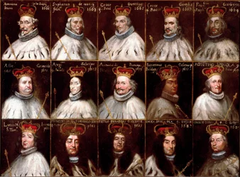 Wapen van de Republiek Genua en portretten van de Doges. Antoniotto Invrea, Stefano de Mari, Cesare Durazzo, Cesare Gentile, Francesco Garbarino, Alessandro Grimaldi, Agostino Saluzzo, Antonio Da Passano, Odon Giannettino, Agostino Spinola, Luca M