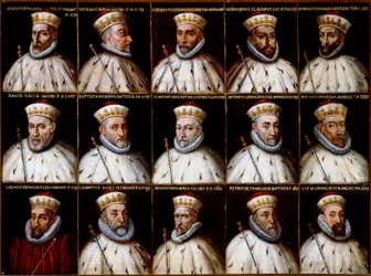 Wapenschild van de Republiek Genua en portretten van de Doges. Gio. Battista Gentile Pignolo, Nicolò Doria, Gerolamo De Franchi Toso, Gerolamo Chiavari, Ambrogio Di Negro, Davide Vacca (of Vaccari), Battista Negrone, Gio Giustiniani Campi, Antonio Grimal