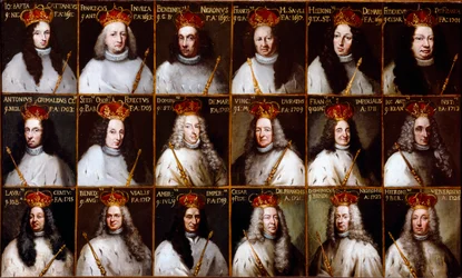 Wapenschild van de Republiek Genua en portretten van de Doges. Giovanni Battista Cattaneo, Francesco Invrea, Negrone Bendinelli, Francesco Maria Sauli, Girolamo De Mari, Federico De Franchi, Antonio Cebà Grimaldi, Onorato Stefano Ferreti, Domenico De Ma