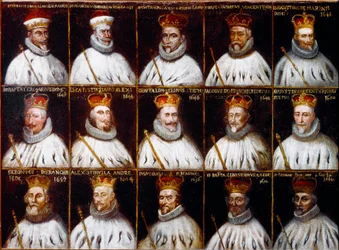 Wapenschild van de Republiek Genua en portretten van de Doges. Giovanni Stefano Doria, Francesco Gio. Brignole Sale, Agostino Pallavicini, Giov.Battista Durazzo, Agostino Giovanni De Marini, Giovan Battista Lercari, Luca Giustiniani, Giovanni Battista L