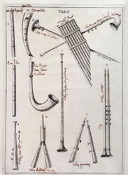 Blaasinstrumenten Pagina uit "de Tribus Generibus Instrumentorum Musicae Veterum" werk over oude instrumenten door Francesco Bianchini