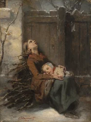 Armlastige dode moeder die haar slapende kind in de winter vasthoudt, ca. 1850