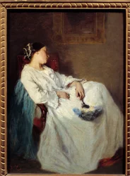 Slapende zittende vrouw, 19e eeuw, 0,32 x 0,24 m
