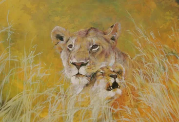 Moeder en baby I (Leeuwen) 1995 (inkt, acryl en potlood op papier)