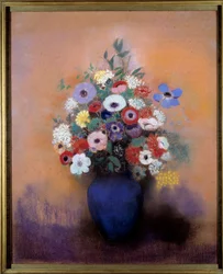 Anemonen en seringen in een blauwe vaas