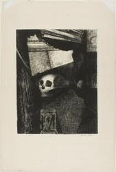 Door een opening in de muur verscheen een schedel, plaat 1 uit Le Jure van Edmond Picard