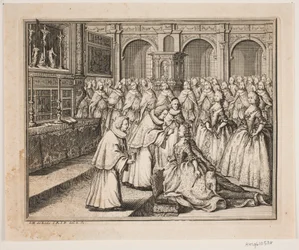 Bisschop Hersleb zalft koningin Louise in de Frederiksborg Slotkerk. Illustratie voor de zalvingsakte van Frederik IV