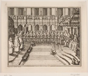 Koning Frederik V en koningin Louise tijdens de zalvingsceremonie in de Frederiksborg Slotkerk. Illustratie bij de zalvingsakte van Frederik IV