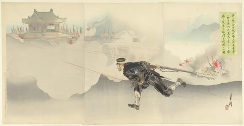Onoguchi, de dood trotserend, om de poort van het vijandelijke fort op te blazen.