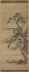Maanverlicht Landschap van Pijnboom met Oude Man in Boot, Muromachi periode, 1392-1573