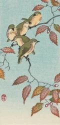 Vijf kleine vogels op een tak, door de Japanse kunstenaar Ohara Koson