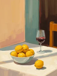 Stilleven met citroenen en rood wijnglas