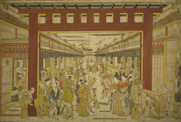 Nakanocho in de Yoshiwara (handgekleurde houtsnede)