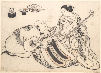 Een knielende man die vooroverbuigt en luistert naar een oiran die shamisen speelt