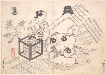 Katsuyama Matagoro als Yane-chi, zittend op een stromat op het pannendak van een huis