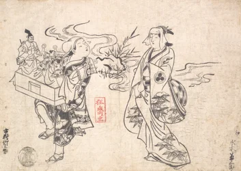 Mizuki Kikusaburo als een Vrouw Staand bij een Kleine Stroom en Kijkt naar een Zwerver, waarschijnlijk 1709