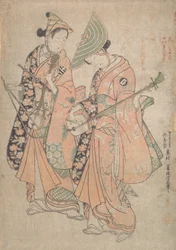 Onoe Kikugoro in de rol van Yaoya Oshichi en Nakamura Kiyosaburo als haar minnaar de kosho